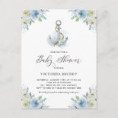 Invitation Carte Postale Watercolor Blue Floral Anchor Nautical Baby Shower (Devant)