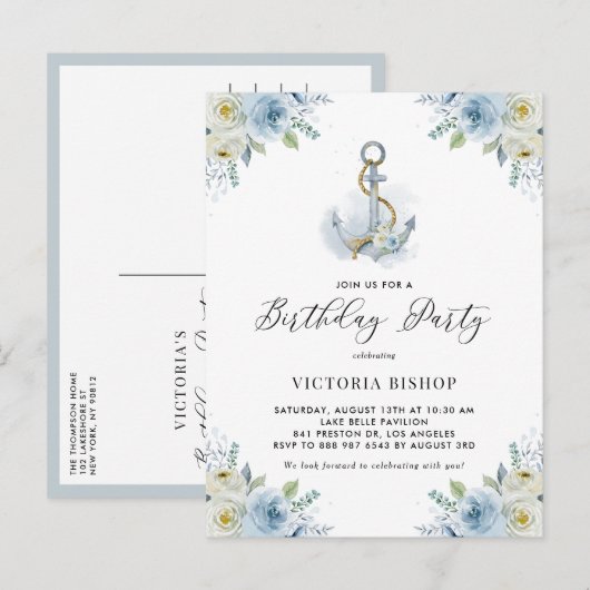 Invitation Carte Postale Watercolor Blue Floral Anchor Nautical Birthday (Devant / Derrière)
