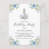 Invitation Carte Postale Watercolor Blue Floral Anchor Nautical Birthday (Devant)