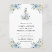 Invitation Carte Postale Watercolor Blue Floral Anchor Nautical Wedding (Devant)