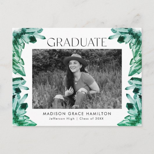 Invitation Carte Postale Watercolor Emerald Crystal Photo Graduation Party (Devant)