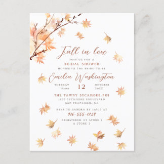 Invitation Carte Postale Watercolor Leaves "Fall In Love" Bridal Shower