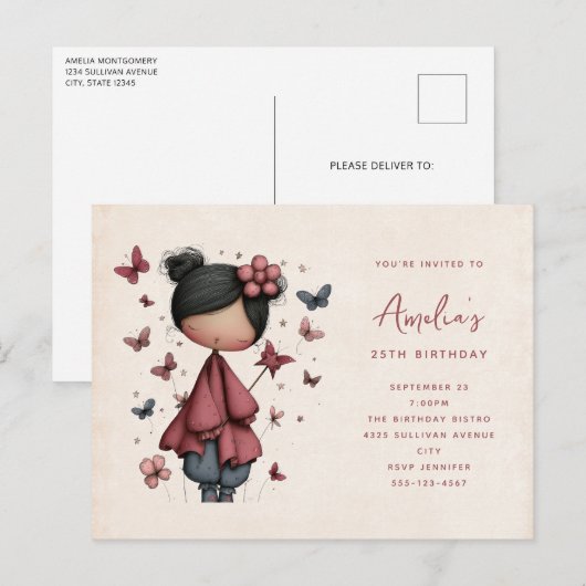 Invitation Carte Postale Whimsical Fairy Doll Retro Cute Birthday (Devant / Derrière)