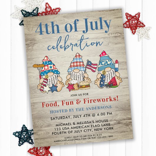 Invitation Carte Postale Whimsical Gnomes BBQ Farmhouse 4 juillet