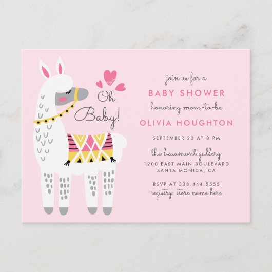 Invitation Carte Postale Whimsical Pastel Rose Llama Oh Baby shower (Devant)