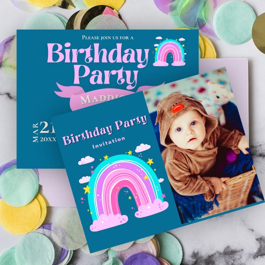 Invitation Carte Postale Whimsical Rainbow 1er Anniversaire Photo Invitatio