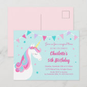 Invitation Carte Postale Whimsical Rainbow Unicorn Aqua 5e anniversaire (Devant / Derrière)