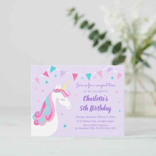 Invitation Carte Postale Whimsical Rainbow Unicorn Purple 5e anniversaire (Debout devant)