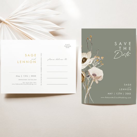 Invitation Carte Postale Whimsical Wildflower Sage Green Save The Date
