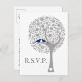 Invitation Carte Postale whimsy tree marine bleu lovebirds mod mariage rsvp (Devant / Derrière)