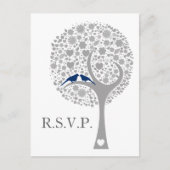 Invitation Carte Postale whimsy tree marine bleu lovebirds mod mariage rsvp (Devant)