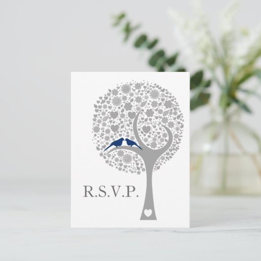 Invitation Carte Postale whimsy tree marine bleu lovebirds mod mariage rsvp (Debout devant)