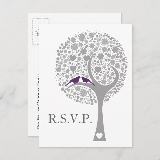 Invitation Carte Postale whimtree mauve lovebirds mod mariage rsvp (Devant / Derrière)
