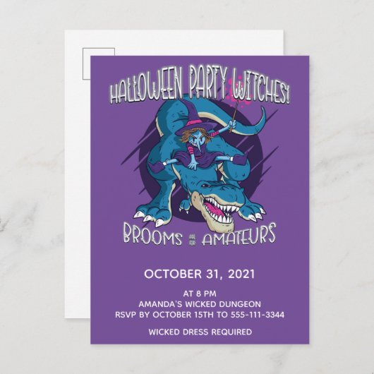 Invitation Carte Postale Wicked Witch Sur T-Rex Illustration Parti Hallowee (Devant / Derrière)