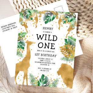 Invitation Carte Postale Wild One Jungle Safari 1er anniversaire Gold Green