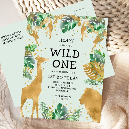 Invitation Carte Postale Wild One Jungle Safari 1er Anniversaire Vert