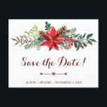 Invitation Carte Postale Winter Rustic Floral Mariage Bourgogne Date de sau<br><div class="desc">Mariage d'hiver rustique élégant style enregistrer la carte postale modèle date sur un simple arrière - plan blanc propre avec une belle fleurs rouge et verte, botaniques d'hiver, cônes de pin brun et bouquet de feuillage avec un script de typographie rouge bordeaux et gris foncé. Personnalisez-le avec vos détails !...</div>