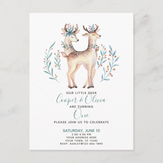 Invitation Carte Postale Woodland Deer Twins Baby's premier anniversaire (Devant)