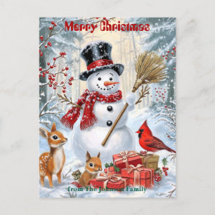 Invitation Carte Postale Woodland Snowman Noël familial personnalisé