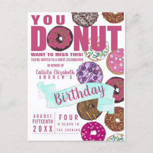 Invitation Carte Postale Yummy Rose Turquoise Donuts Aquarelle Anniversaire