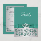 Invitation CARTE-RÉPONSE IMPRIMÉE SUR RUBAN Fleurs argentées  (Devant / Derrière)