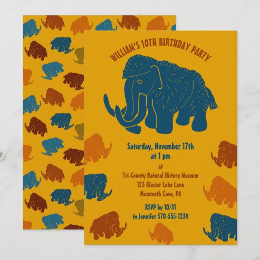 Invitation Carton bleu et or Laine Mammoth fête d'anniversair (Devant / Derrière)