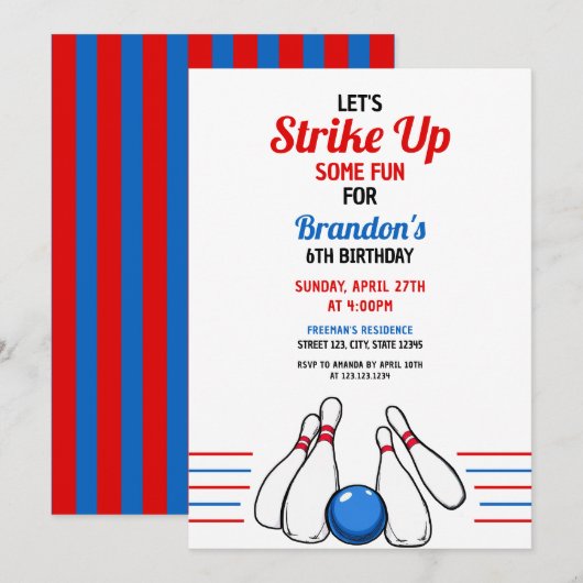 Invitation Carton Blue & Red Bowling Kids 6e anniversaire (Devant / Derrière)