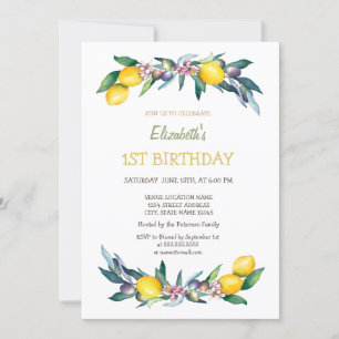 Invitation Carton d'anniversaire Citrons Olives Aquarelle Jau