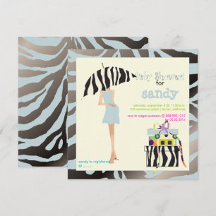 INVITATION CARTON DE BABY SHOWER POUR MAMAN HIPPIE, ZÈBRE BLE