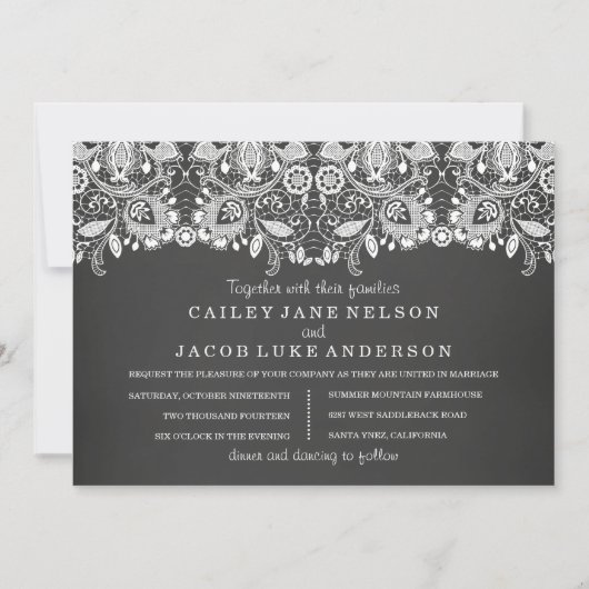 Invitation Carton de mariage ardoise noire et dentelle (Devant)