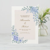 Invitation Carton de mariage botanique à l'hydrangea bleu pou (Debout devant)