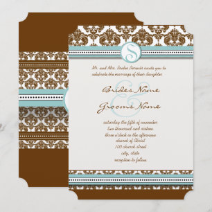 Invitation Carton de mariage en damas brun avec garniture ble