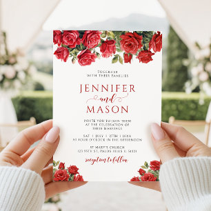 Invitation Carton de Mariage Fleurs Roses Fantaisistes Rouges