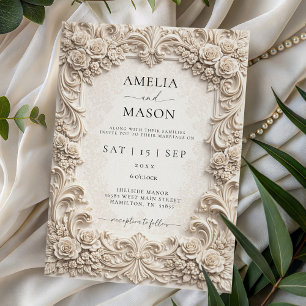 Invitation Carton de mariage floral baroque ivoire orné