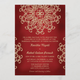 INVITATION CARTON DE MARIAGE INDIEN DE COULEUR ROUGE ET OR