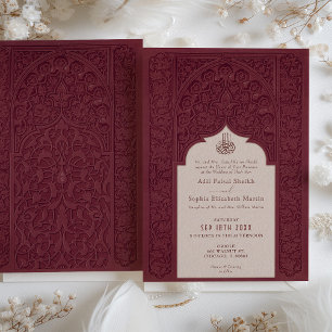 Invitation Carton de mariage islamique Royal Burgundy Lace