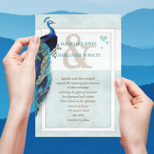 Invitation Carton de mariage paon bleu aqua et marine