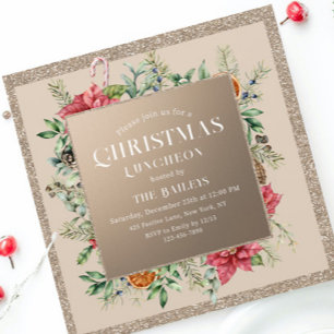 Invitation Carton de Noël Champagne Pailleté Poinsettia