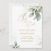 Invitation Carton de save the date avec eucalyptus vert et or (Devant)