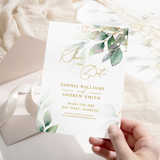 Invitation Carton de save the date Eucalyptus Vert & Or