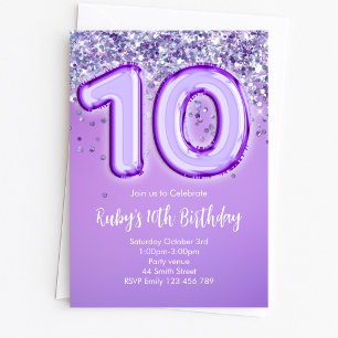 Invitation Carton d'invitation 10 ans avec paillettes violett