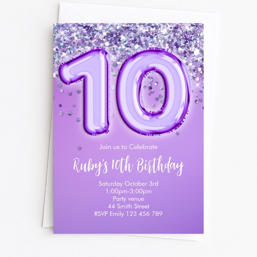 Invitation Carton d'invitation 10 ans avec paillettes violett