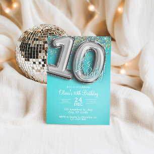 Invitation Carton d'invitation 10 ans pailleté bleu sarcelle