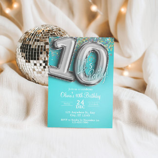 Invitation Carton d'invitation 10 ans pailleté bleu sarcelle