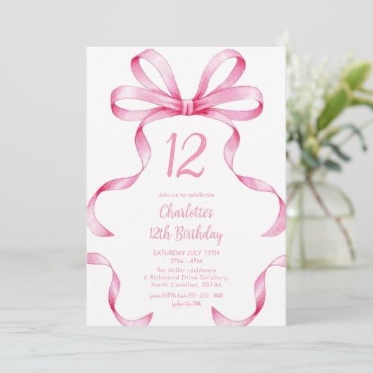 Invitation Carton d'invitation 12ème anniversaire Ruban Rose  (Debout devant)