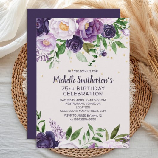 Invitation Carton d'invitation 75 ans avec paillettes florale