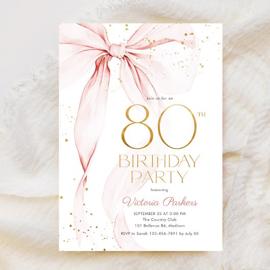 Invitation Carton d'invitation 80 ans avec un élégant nœud ro