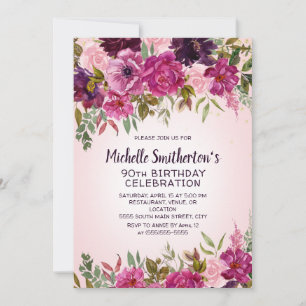 Invitation Carton d'invitation 90 ans avec fleurs rose et vio
