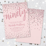 Invitation Carton d'invitation 90 ans Rose poudré<br><div class="desc">Voici une invitation chic et festive pour un 90e anniversaire, parfaite pour marquer ce jalon spécial avec style. Le design élégant présente un mélange de confettis pailletés argentés, ajoutant une touche de plaisir et de festivité. En haut, "Quatre-vingt-dix" est affiché en évidence en calligraphie grasse, donnant le ton pour une...</div>