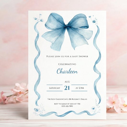 Invitation Carton d'invitation à la baby shower Blue Bow Coqu